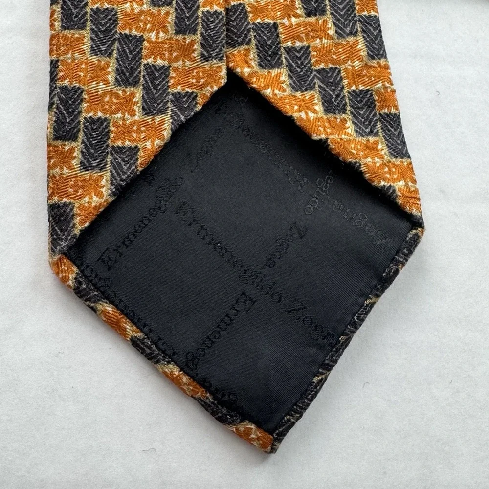 Ermenegildo Zegna Tie Men's Orange Black Houndstooth 100% Silk Made Italy
